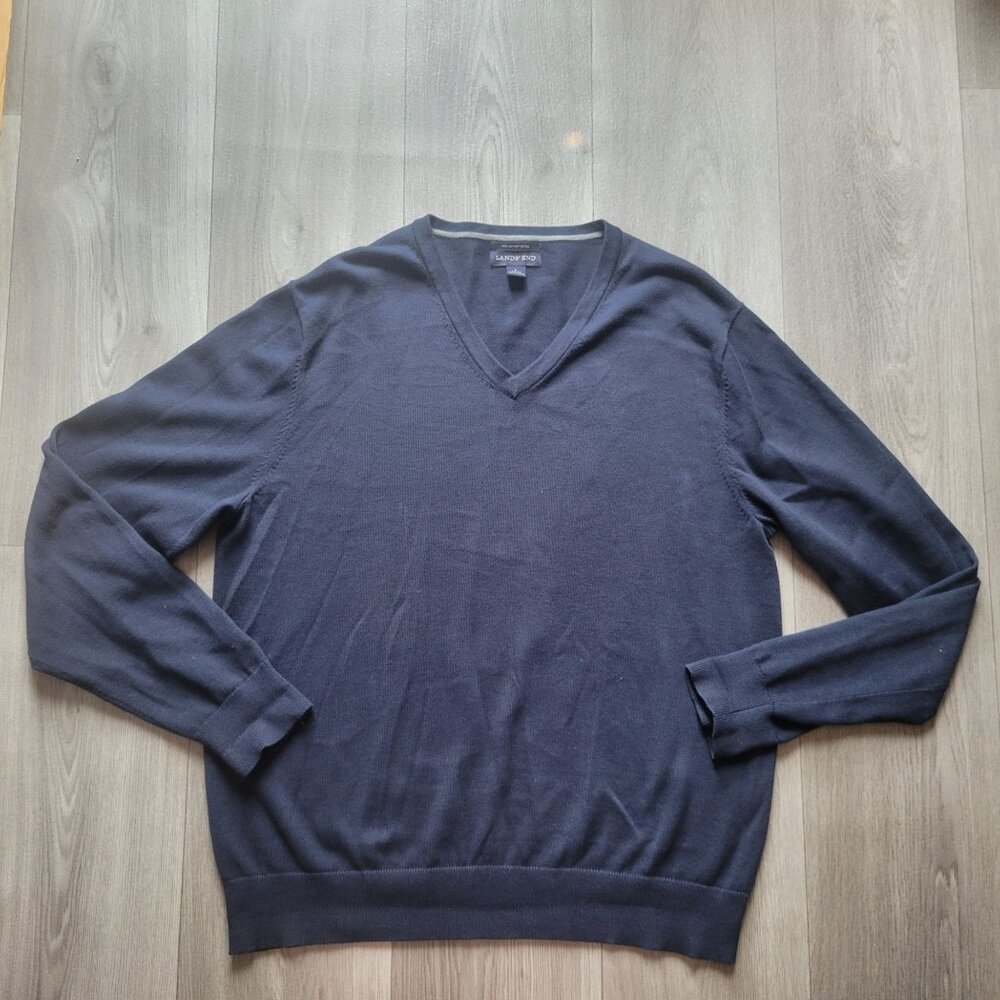 Lands End Mens L 100% Supima Cotton Navy Blue V-Neck Sweater